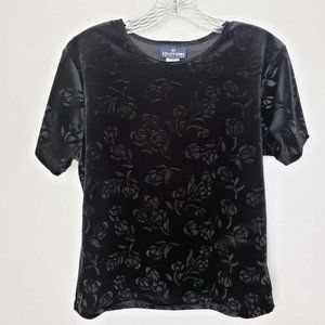 Solutions Women's Black Crushed Velvet Floral Scoop Neck Shirt Top Blouse